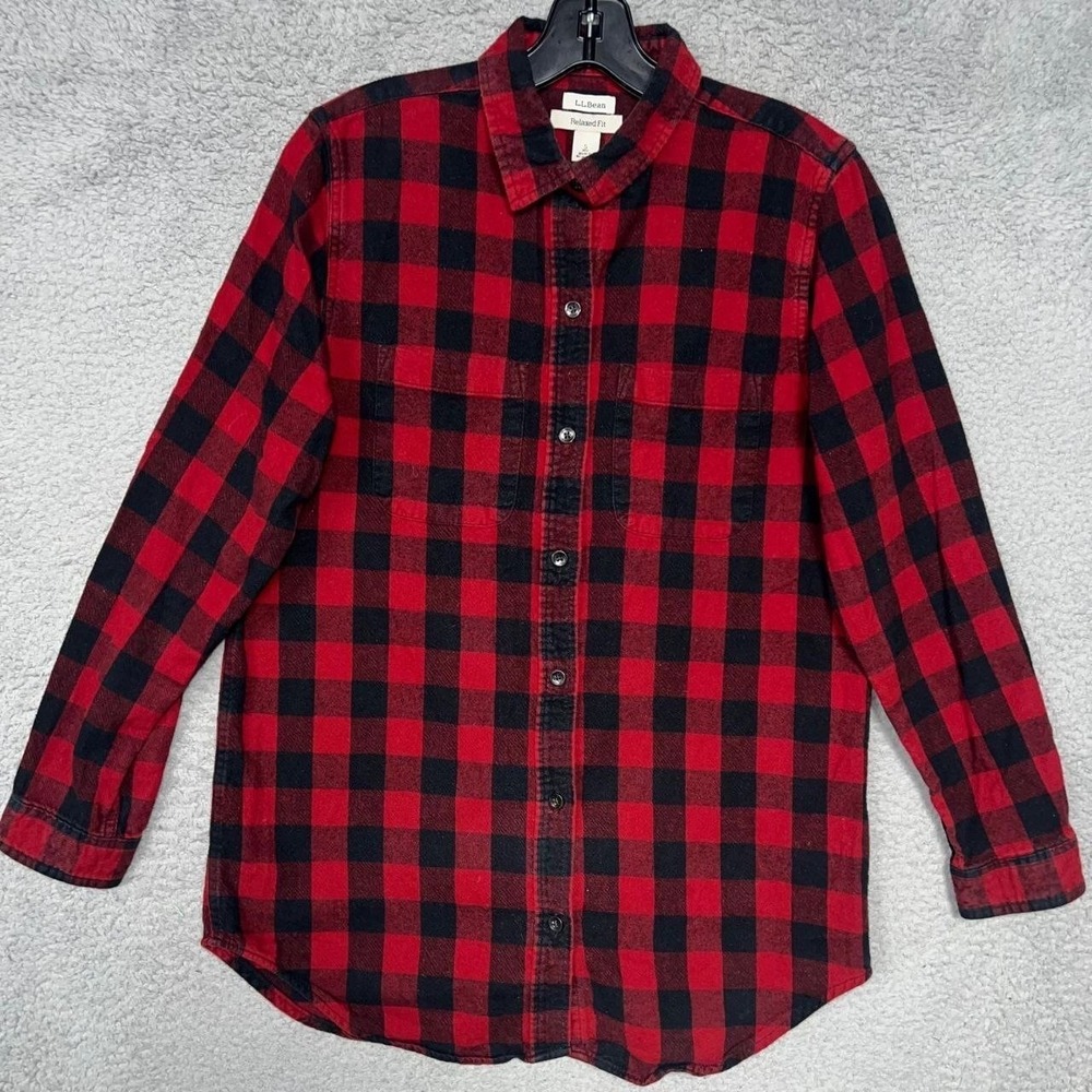 LL Bean Shirt Men's Sz S Red Black Buffalo Plaid Flannel Relaxed Fit Button Down